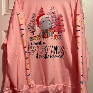 Bright pink cute Hippopotamusmus Christmas Hooddie. Cozy cute comfy